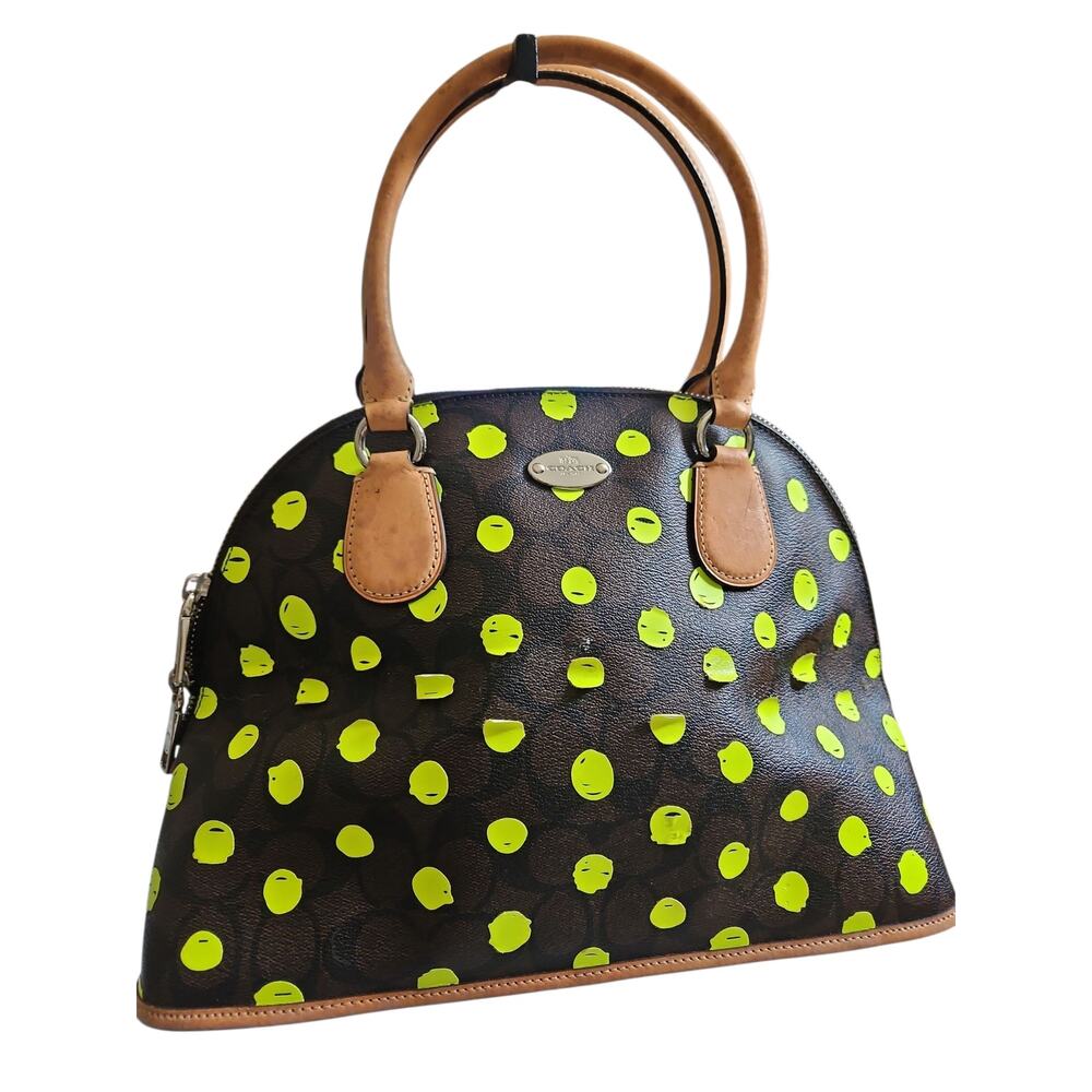 Coach Handbag COACH F33260 Dot Print Cola Dome Satchel Brown/Neon Yellow